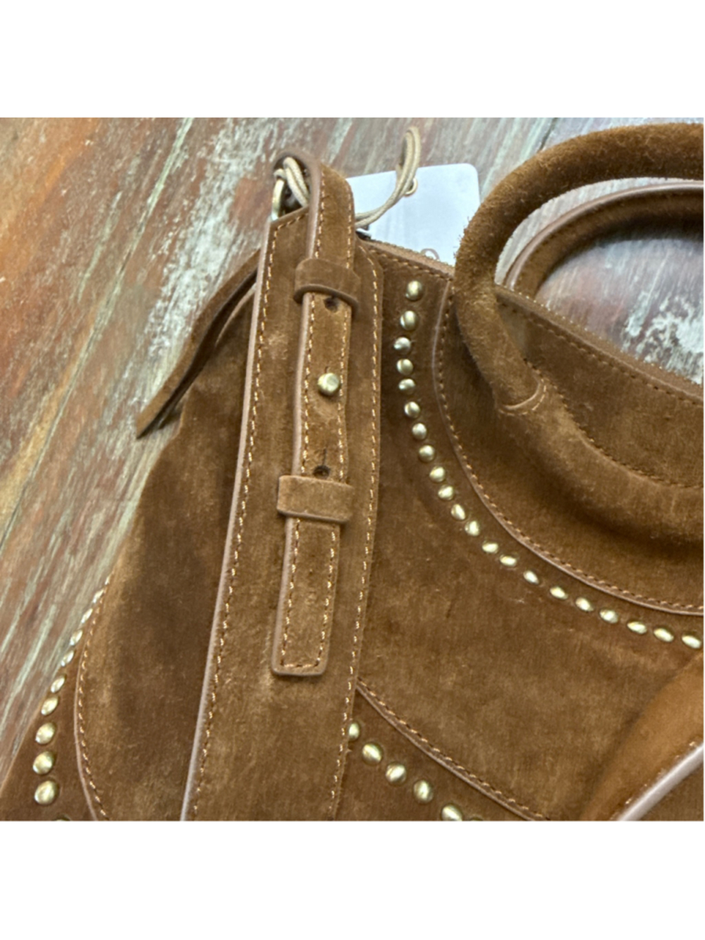 HOBO Chestnut Brown Suede Gold Studded Small Crossbody Tote Handbag NWT Handles - Picture 12 of 13